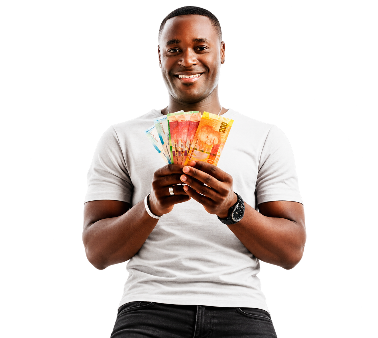 Smiling man holding rand notes